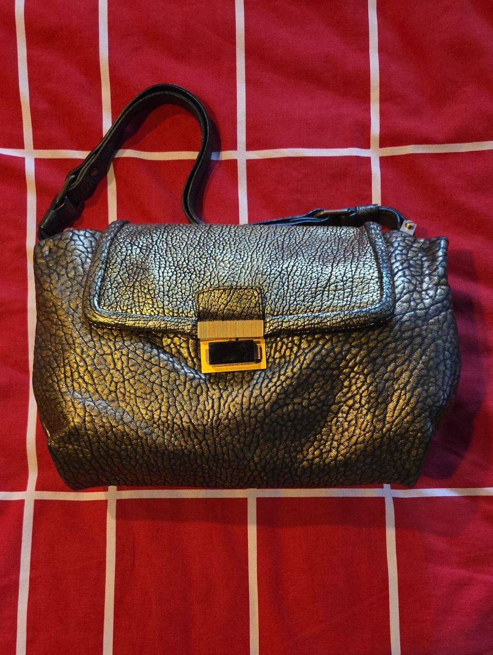Lanvin Black Textured Shoulder Bag with Gold Accent